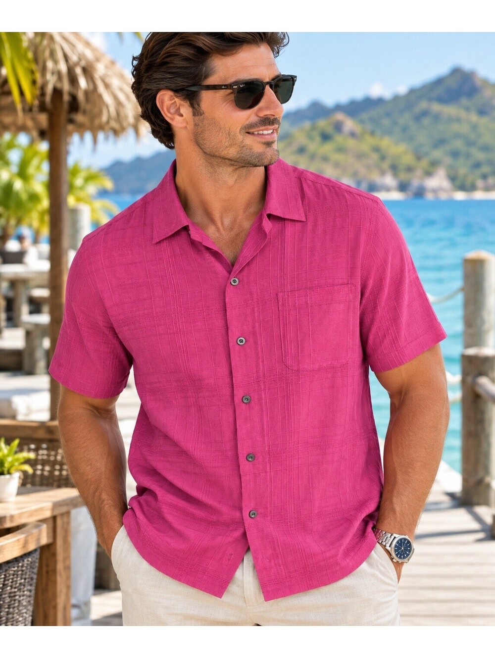 Tommy Bahama Men’s 100% Silk Fuchsia Color Hawaiian Shirt Size Medium